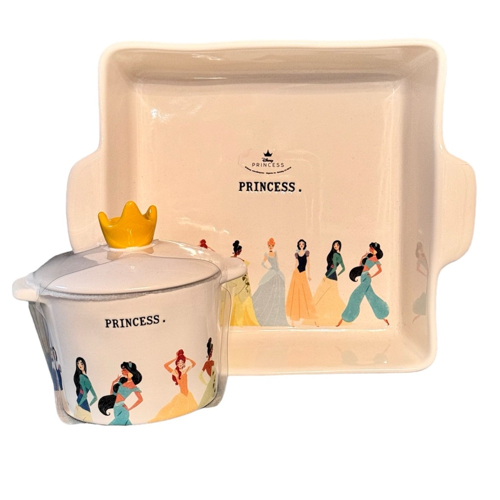NEW Rae Dunn X Disney Princess White Ceramic Baking Dish/ 9” And Dish With Lid